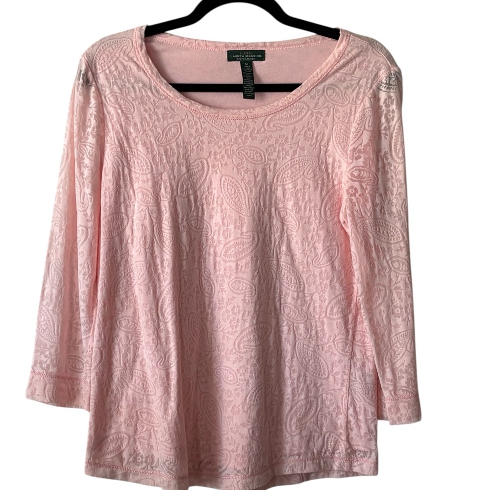 Lauren Jeans Light Pink Paisley Velvet Burnout 3/4 Sleeve Top